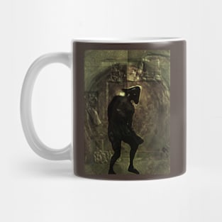 Portrait, digital collage, special processing. Bizarre. Dark man figure, like pirate. Death itself. Weird room, yellow, emboss. Mug